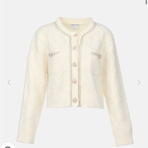 Fluffy Contrast Trim Faux Pearl Button Cardigan | Tweed Jacket | URBAN REVIVO